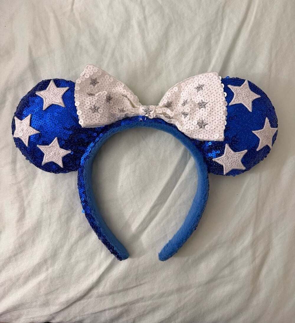 Disney Parks Minnie Mouse Blue and White Star Sequin Ears Headband with Bow